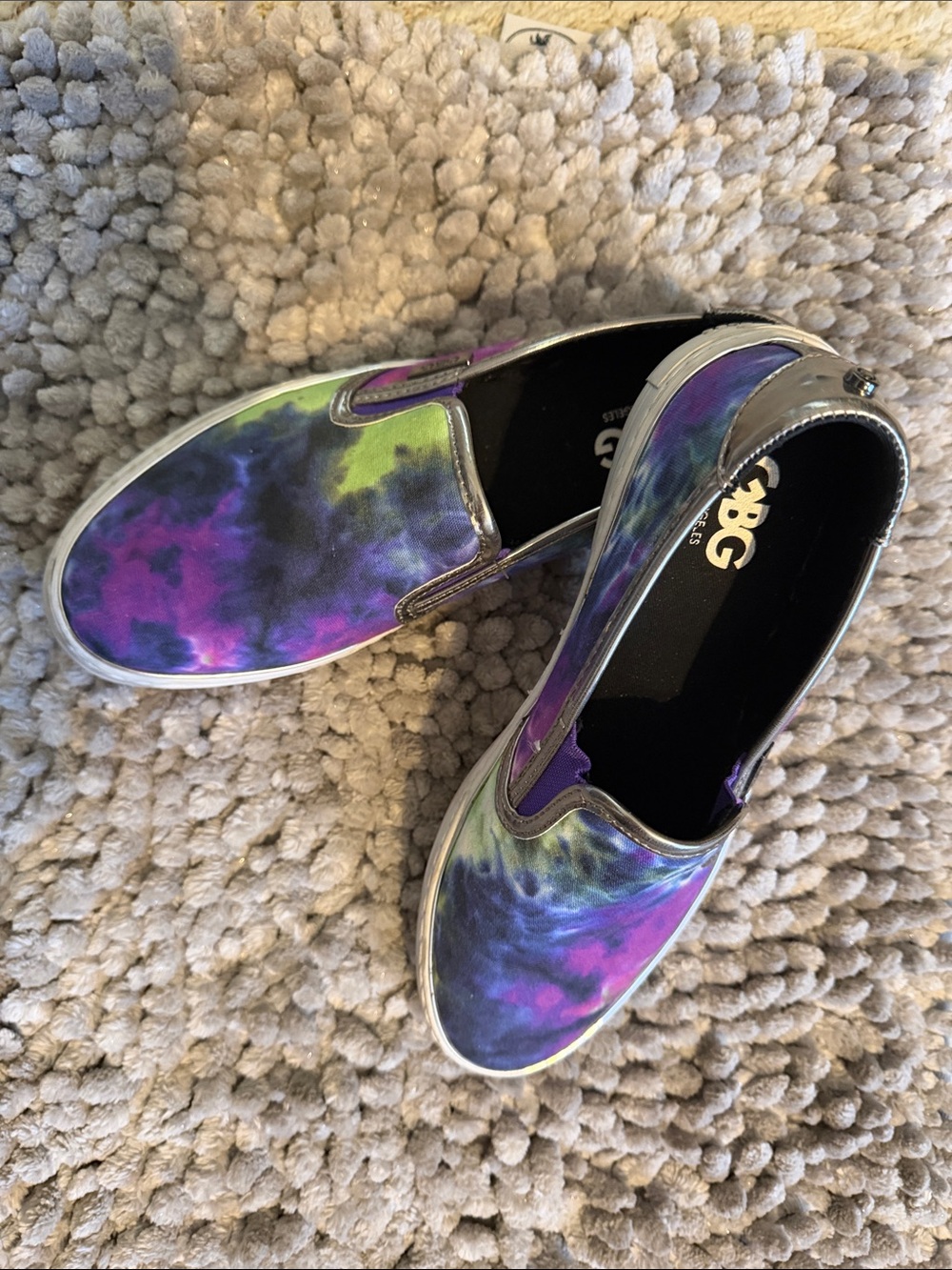 GBG Los Angeles Tie-Dye Slip-On Flats in Purple, Green, Black